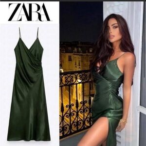 Zara Women's Green Satin Side Slit Midi Dress
